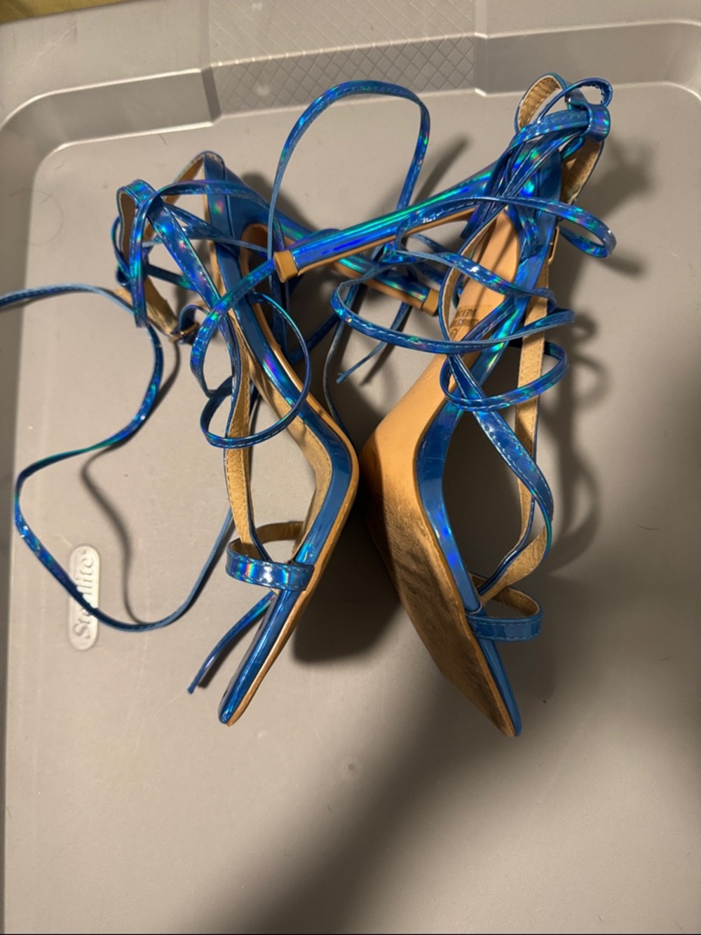 Iridescent Blue Lace-Up Women's Heeled Sandals - Picture 3 of 4